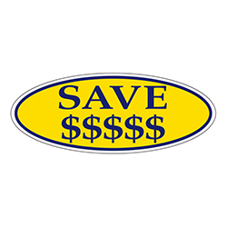 Window Sticker, Blue on Yellow Oval, SAVE $$$$$ - Qty. 12