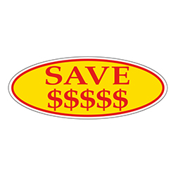 Window Sticker, Red on Yellow Oval, SAVE $$$$$ - Qty. 12