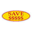 Window Sticker, Red on Yellow Oval, SAVE $$$$$ - Qty. 12