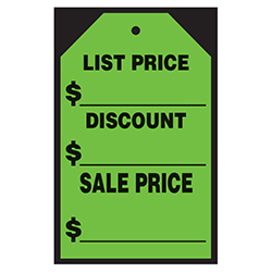 Window Price Sticker - Hang Tag - Green - List/Discount -7" x 11"- Qty. 12